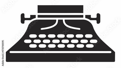 A black and white illustration of a vintage typewriter with keys and paper holder on a white background