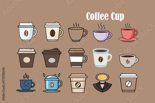 Collection of diverse coffee cups featuring various styles and warm beverages
