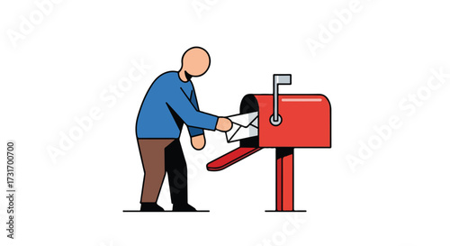 Illustration showcasing a character inserting an envelope into a vintage red mailbox delivering a message, emphasizing communication and tradition