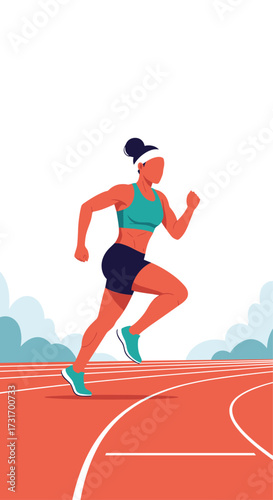 A woman runs on a track with a clear sky and clouds in the background.