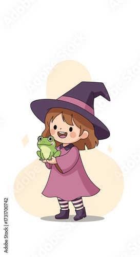 A little witch girl holding a cute frog in her hands.