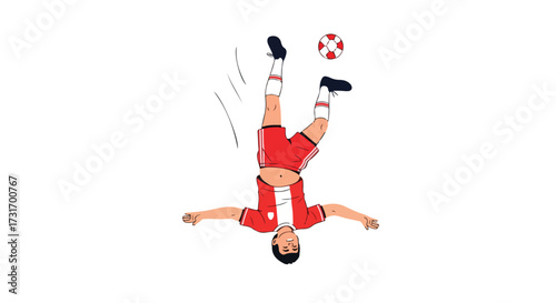 Acrobatic maneuver during a soccer game, depiction of a player performing a bicycle kick gracefully to hit a soccer ball high up