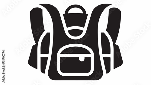 Illustration of a black backpack with straps and a front pocket on a white background design style