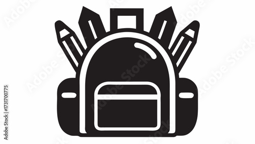 Black and white illustration of a backpack with pencils sticking out of it for school supplies and education
