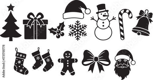 Holiday Silhouette Collection: A collection of iconic holiday season symbols, ranging from a decorated tree and gift box to a jolly santa, snowflake and a sweet snowman.