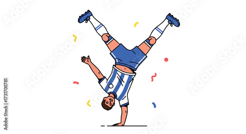 Energetic football player celebrating a victory with a handstand amidst festive confetti adding vibrancy and movement showcasing triumph and
