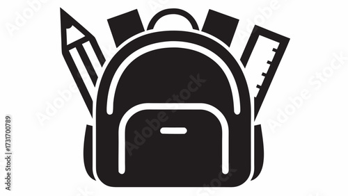 A black and white illustration of a backpack filled with a pencil and a ruler for school supplies