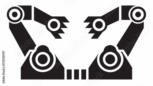 Two symmetrical robotic arms with circular joints and claw like hands in black and white design style