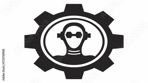 Stylized figure with glasses and headphones inside a gear representing technology and engineering concept