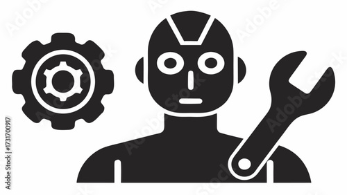 Illustration of a robot holding a wrench with a gear wheel to the side in solid black color