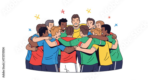 Team dynamic illustration depicting camaraderie and support in a group of diverse players with colorful accents evoking sportsmanship and unity