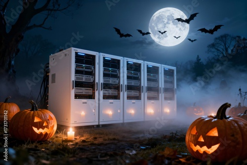 Halloween server room with pumpkins and bats under a full moon, spooky tech data center atmosphere, night scene, festive and eerie digital infrastructure concept