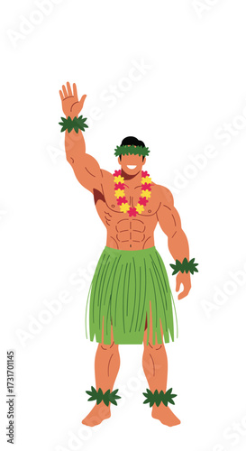 A happy man wearing a grass skirt and lei waves hello with a big smile.