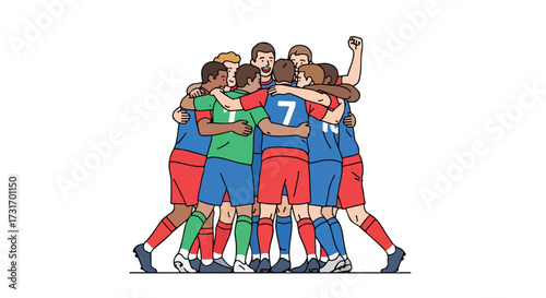 Victorious soccer team celebrating a hard-fought victory with joyous embrace, exemplifying teamwork and camaraderie in sports with vibrant