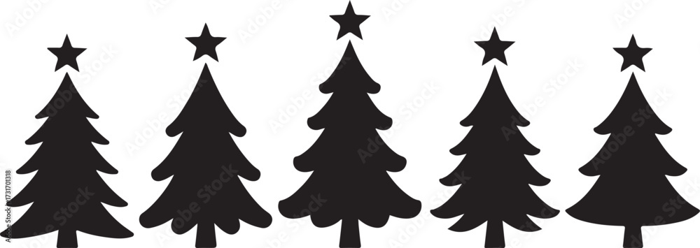 Obraz premium Holiday Silhouette: A row of festive holiday trees stand adorned with stars. evoking a sense of seasonal cheer.
