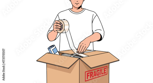 Illustration of a person sealing a fragile cardboard box with tape, preparing for relocation or shipment packaging materials for safekeeping 83