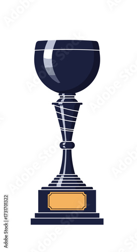 A dark blue award cup sits on a white background highlighting its elegant design and the golden plaque