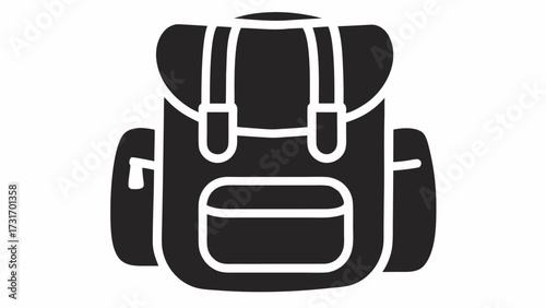 A black and white illustration of a hiking backpack with straps and a front pocket design element