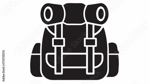 Illustration of a black hiking backpack with straps and additional storage compartments on the top side