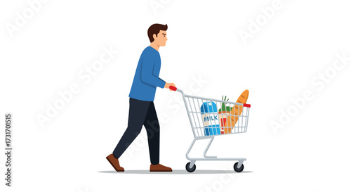Man pushing a shopping cart filled with groceries purchases ready for checkout at the market or supermarket lifestyle for advertising product