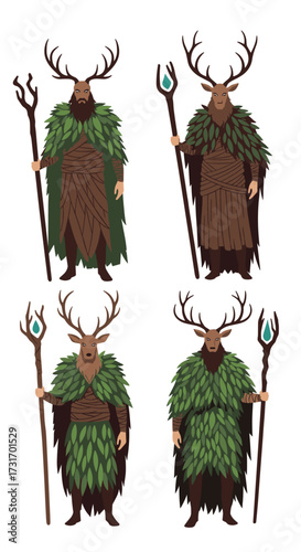 Four pixel art fantasy druids adorned with natural elements and magical staffs.