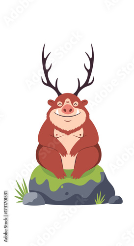 A whimsical anthropomorphic creature with antlers sits peacefully on a mossy rock in a cartoonish natural setting.