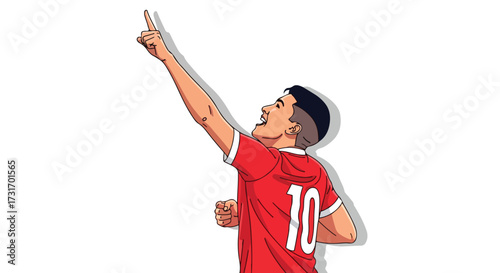 Digitally rendered illustration of jubilant soccer player celebrating a triumphant win and pointing upward with determination
