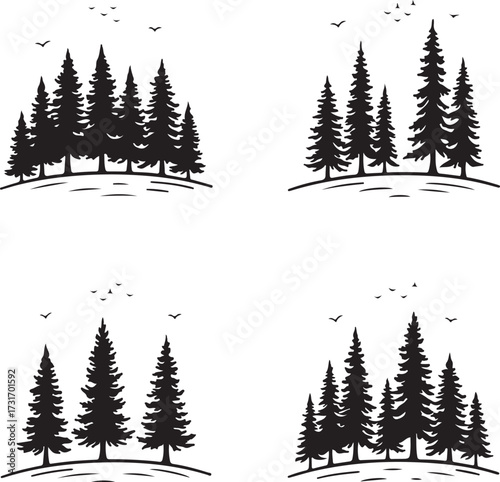 Forest Silhouette Collection: Collection of evergreen forest silhouette images, trees and birds outline perfect for graphic design purposes.