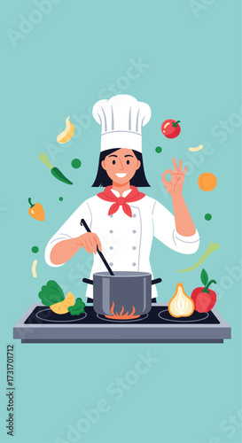A happy chef in uniform cooks a delicious meal in the kitchen.
