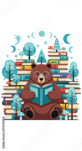 A wise bear wearing glasses reads a book surrounded by a whimsical forest of books.
