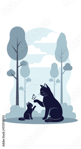 A mother cat teaches her kitten to interact with a delicate butterfly in a serene forest setting.