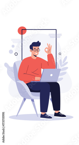 A man sitting in a chair and working on his laptop giving an ok sign.