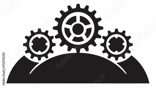 Three gears aligned on a curved surface in black and white representing machine and mechanical concept