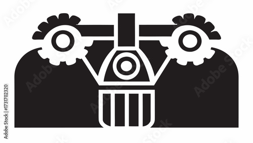 Monochrome illustration of a stylized train engine with gears and industrial design elements present here
