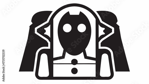 Stylized depiction of a group of figures with cloaks and a central figure with a mask like face