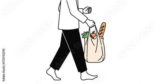 Barefoot person walking with reusable bag full of groceries: minimalist illustration of sustainable lifestyle and conscious consumption showing