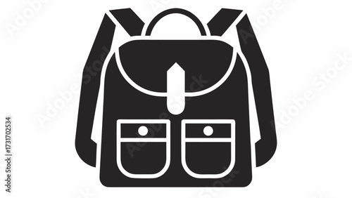 A black and white graphic icon of a backpack with straps and pockets for carrying items or school supplies