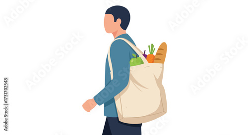 Person carrying a tote bag filled with grocery items, emphasizing a sustainable lifestyle and healthy eating habits after purchasing supplies