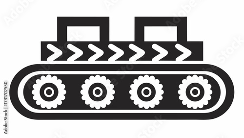 Illustration of a black and white conveyor belt system with gears and directional arrows on top section
