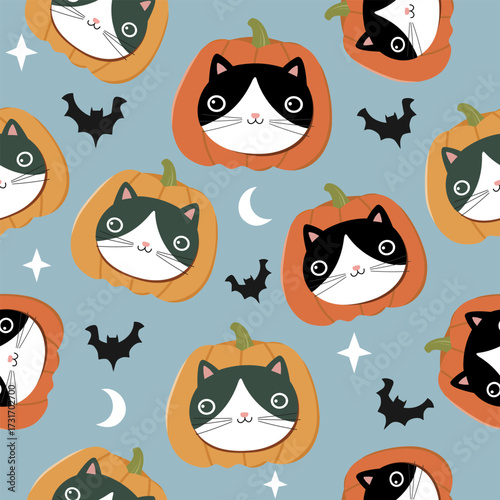 cat heads on pumpkin  seamless pattern with bats , stars , moons  , vector , illustration