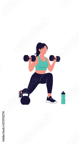 A woman performing a lunge exercise with dumbbells and a kettlebell.