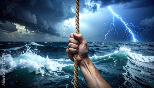 A powerful hand grips a thick rope amidst a raging ocean storm with lightning striking the stormy sky