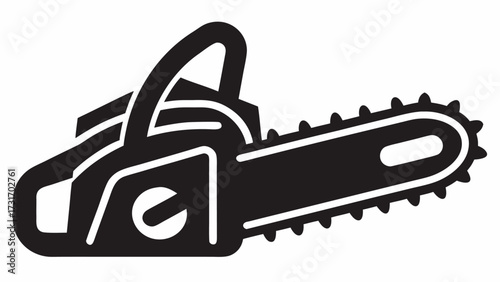 Illustration of a black chainsaw with a sharp blade and handle for cutting wood and trees outdoors