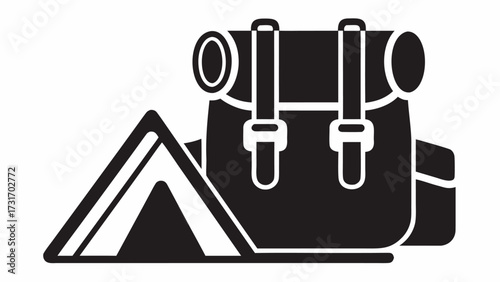 Illustration of a camping tent and a backpack with straps and buckles for outdoor adventure gear theme use