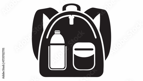 A black and white graphic of a backpack with a water bottle and container inside the main compartment