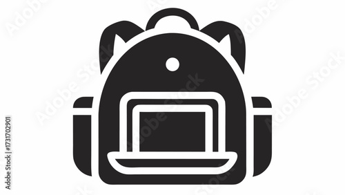 Illustration of a black backpack with a laptop inside on a white background in a simple and modern style