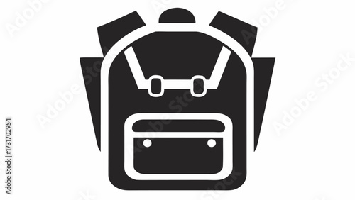 A simple black and white illustration of a backpack with straps and a front pocket shown clearly