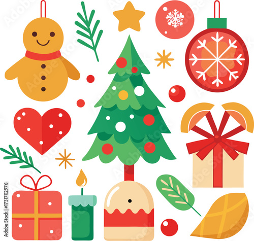 Vector art of a cheerful arrangement of christmas icons including a gingerbread man, christmas tree, ornaments, gift box, candle, and heart, all isolated on a