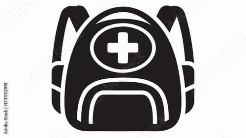 Black and white first aid kit backpack with a white cross on the front in a simple vector design