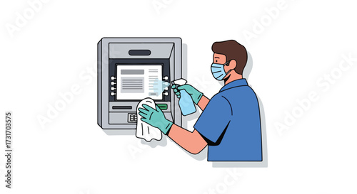 Preventive action: Person disinfecting ATM with mask and gloves, emphasizing safety and hygiene during financial transactions in public spaces